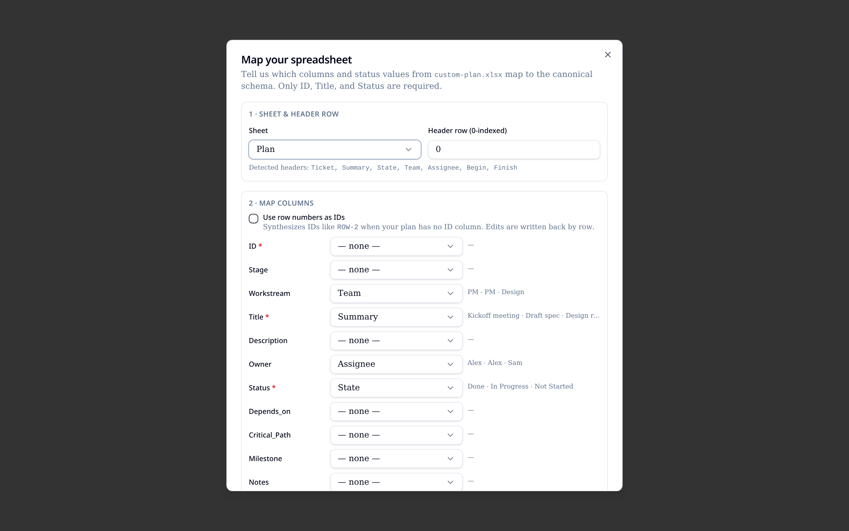 Figure 2 — Mapping wizard on first load of a custom file